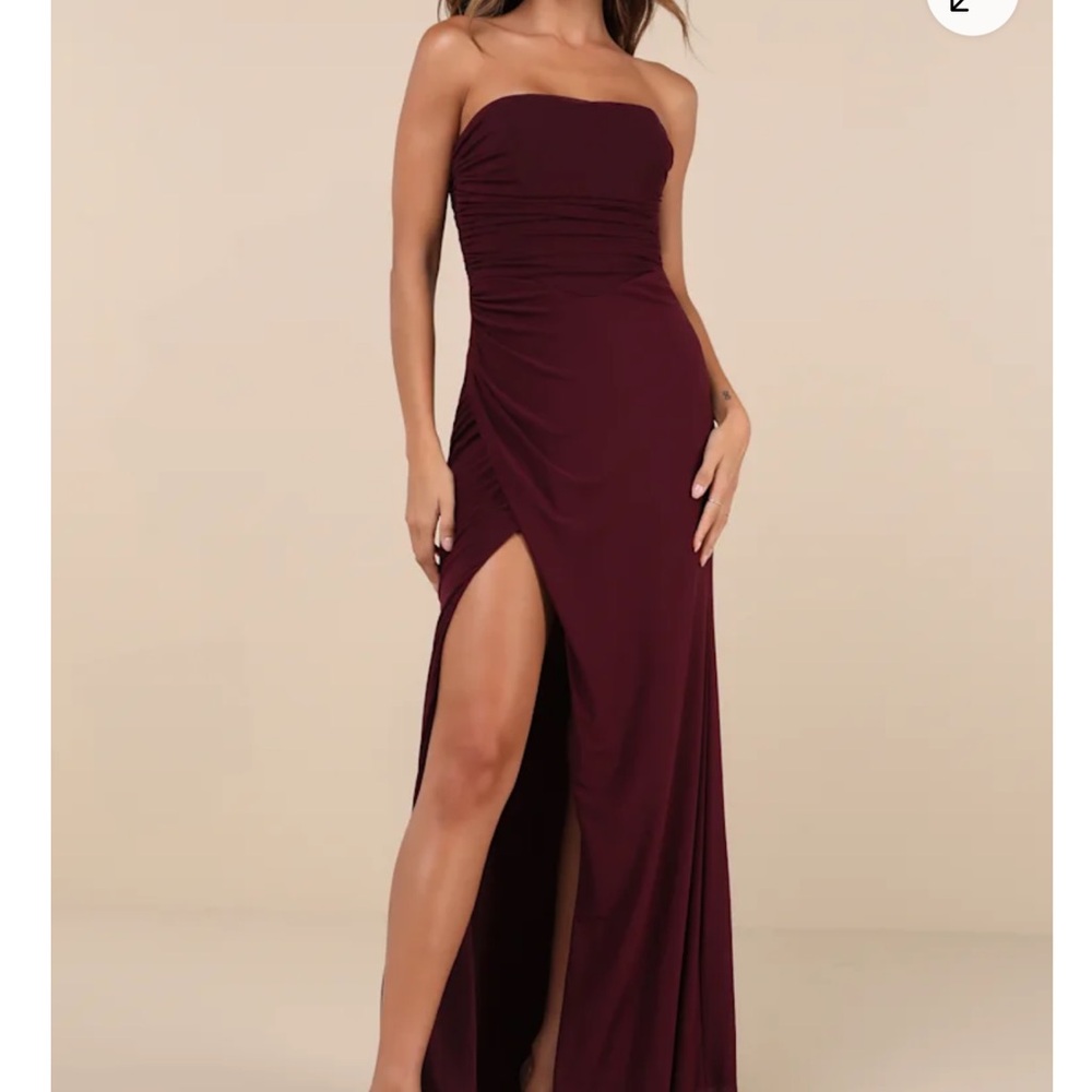 Lulu's Strapless Ruched Side-Slit Maxi Dress in Deep Burgundy